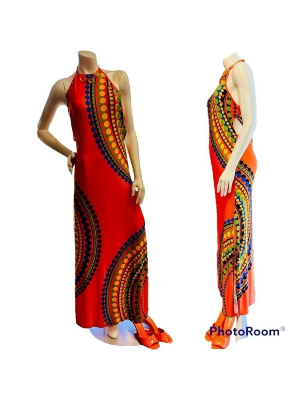 Vintage VENUS Orange Halter Strappy Maxi Dress Medium - Picture 2 of 14